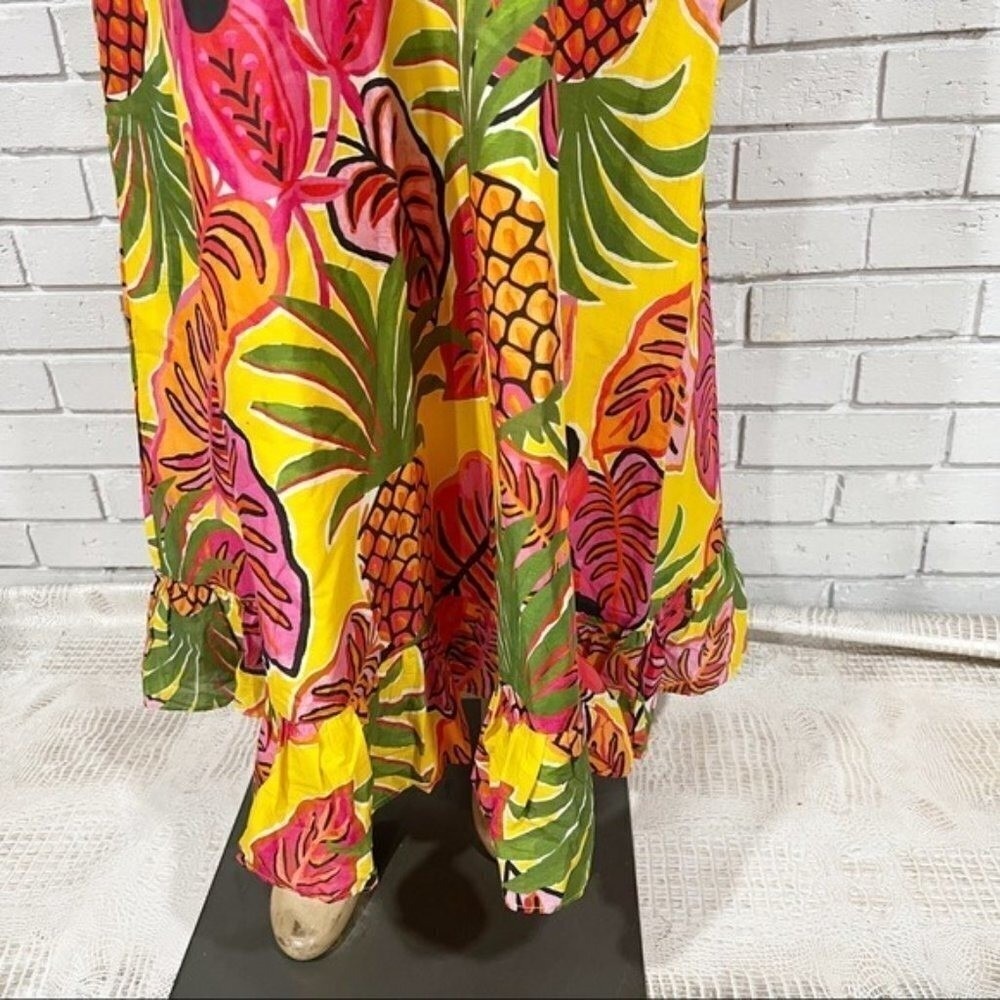 Farm Rio Yellow Tropical Pineapple Parrot Smocked Maxi Dress | Size Small - Picture 12 of 16